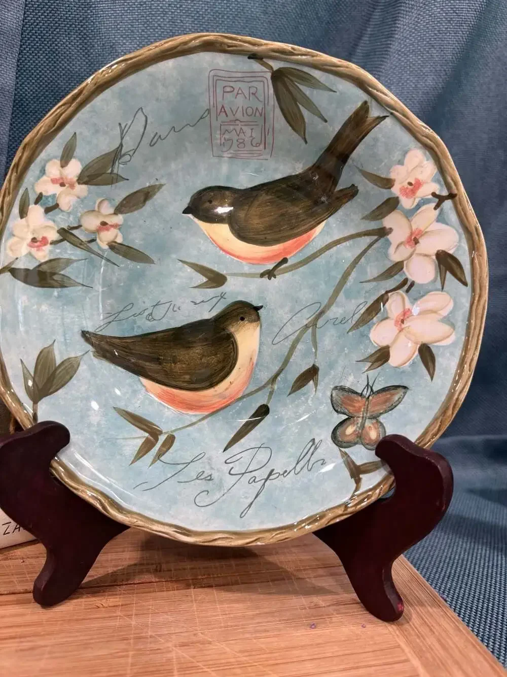 Certified International Susan Winget Par Avion Bird Candle Topper and Plate Set